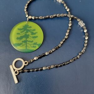 Green Tree Pendant Necklace with Black Beaded Chain